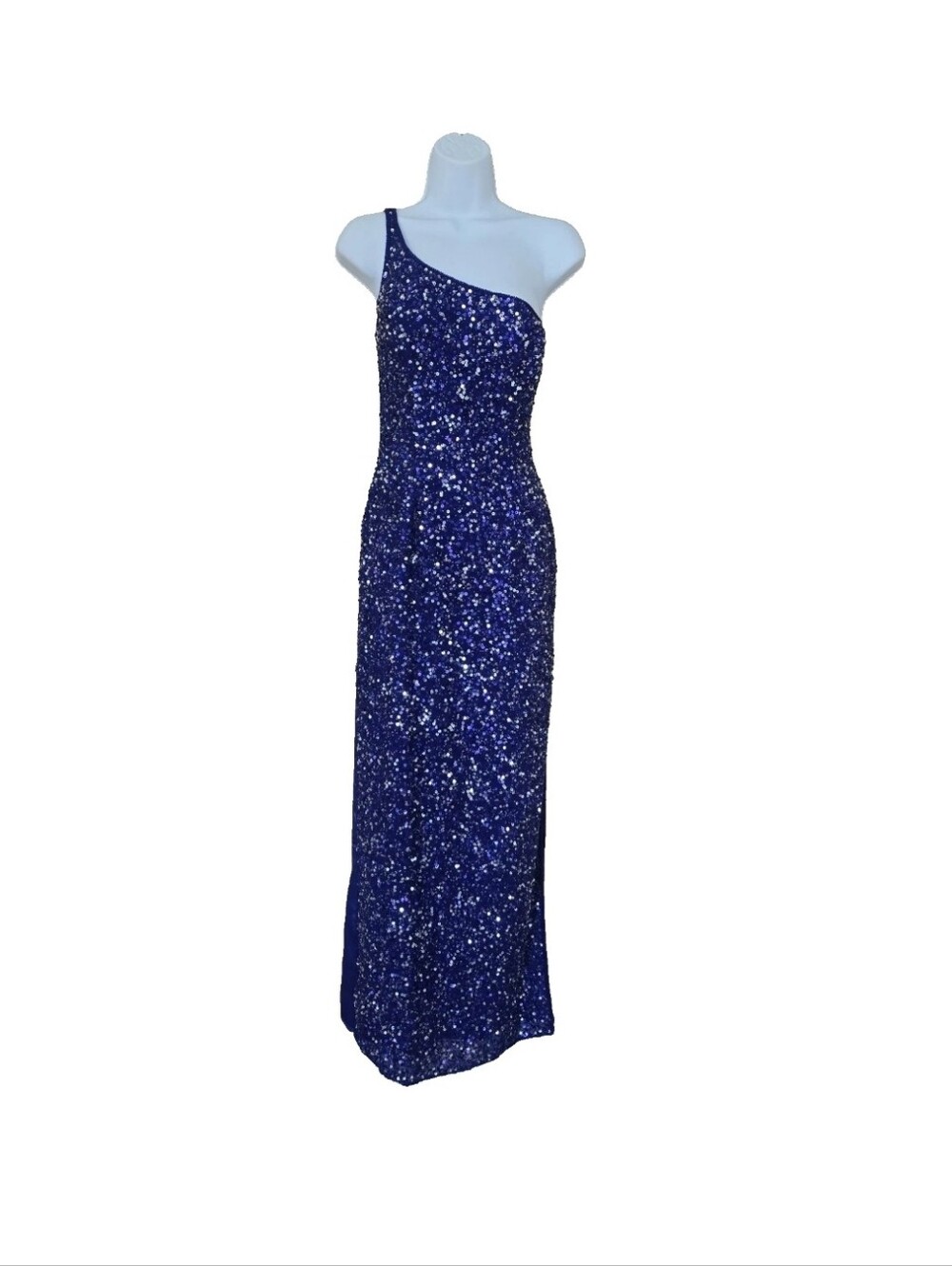 Vintage 90s SCALA Silk Sequin One Shoulder Dress Royal Blue Lattice Open Back